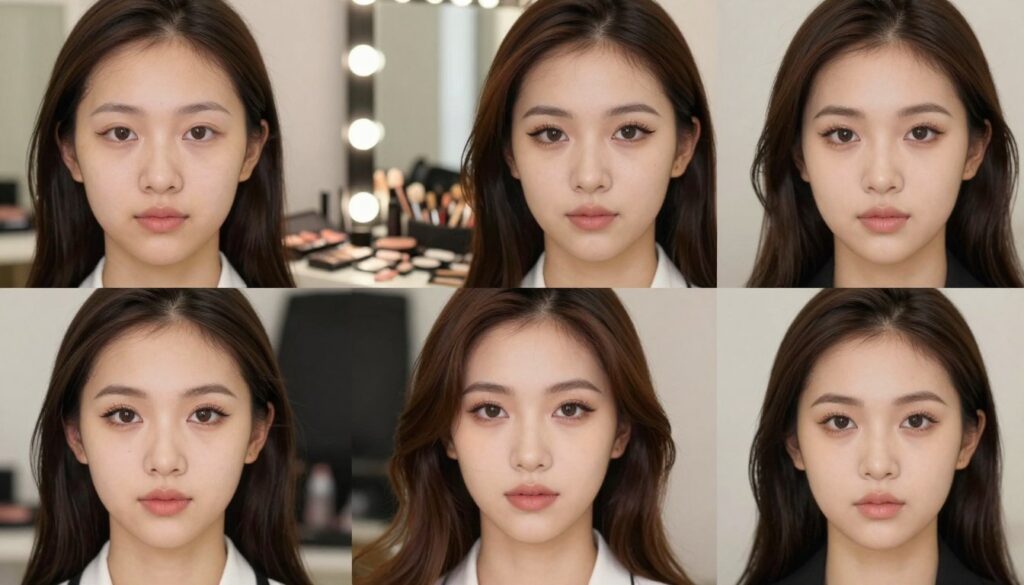 A collection of stunning faces featuring various eye shapes, all with expertly applied winged eyeliner. In the foreground, showcase four distinct models, each with a different eye shape: almond, round, hooded, and downturned, all wearing professional business attire. The middle ground should include detailed reflections of their makeup techniques, highlighting the unique contours of each eye and the tailored winged eyeliner styles suitable for that shape. Soft, diffused lighting illuminates their faces from the front, creating a warm and inviting atmosphere. In the background, a blurred vanity mirror filled with makeup tools subtly suggests a beauty studio setting, enhancing the professional ambiance. The overall mood should be stylish, informative, and inspiring for readers seeking makeup guidance.