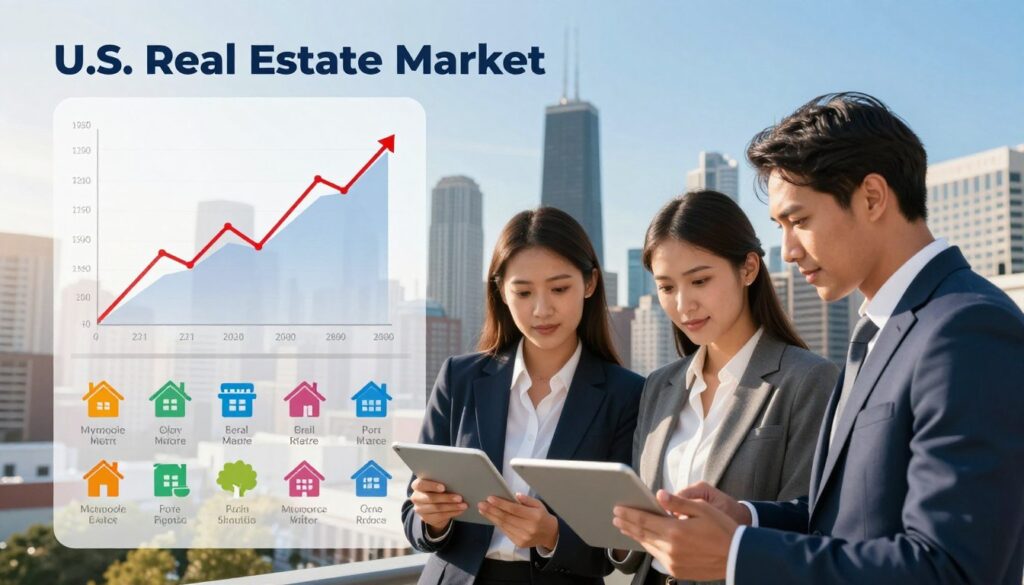 A comprehensive overview of the current U.S. real estate market. In the foreground, a diverse group of three professional individuals in business attire examines real estate listings on digital tablets, showcasing their focused expressions. The middle layer highlights a chart displaying market trends, with upward and downward arrows representing pricing fluctuations and demand shifts, while various colorful icons symbolize different property types like residential, commercial, and rental. The background features a skyline of modern American cities like Chicago and New York, under a bright blue sky with soft, golden sunlight illuminating the scene. The atmosphere is dynamic and optimistic, emphasizing growth and opportunity within the real estate sector, captured as if taken with a 35mm lens for a clear yet expansive view.