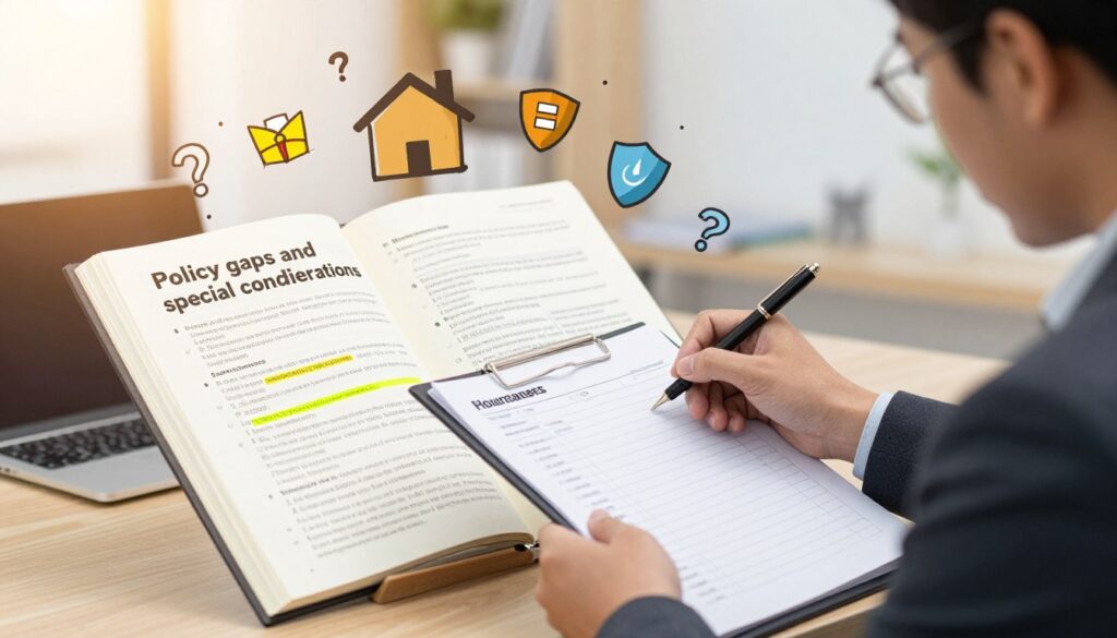 A conceptual illustration depicting "policy gaps and special considerations" in homeowners insurance. In the foreground, a business professional in a suit examines a large, detailed checklist on a clipboard, looking thoughtfully at various highlighted sections. The middle ground features a large, open notebook filled with diagrams and notes about insurance policies, surrounded by various icons symbolizing home protection, such as a house, a shield, and question marks. In the background, a blurred office environment with soft lighting, emphasizing a serious yet focused atmosphere. The image conveys a sense of diligence and insight, with warm, inviting colors that inspire trust and professionalism. Shot with a gentle depth of field to focus on the forefront while keeping the background slightly out of focus.