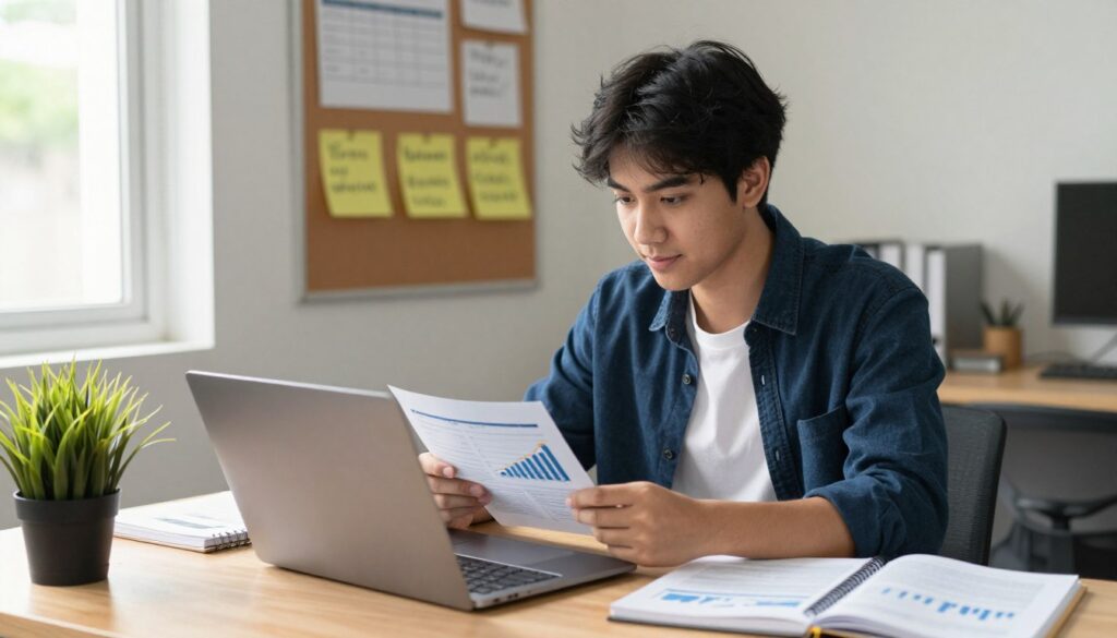 A confident college student sitting at a study desk, surrounded by an open laptop, notebooks, and a financial planning book. The student, dressed in smart casual attire, is analyzing graphs and charts that represent savings and investment strategies. In the foreground, a potted plant adds a touch of greenery, symbolizing growth. The middle background features a bulletin board with pinned reminders about budgeting and scholarship opportunities. Soft, natural light streams through a nearby window, creating a warm and productive atmosphere. The angle is slightly above eye level, highlighting the student's focused expression as they strategize their financial future, embodying a sense of determination and optimism for the coming years. A confident college student sitting at a study desk, surrounded by an open laptop, notebooks, and a financial planning book. The student, dressed in smart casual attire, is analyzing graphs and charts that represent savings and investment strategies. In the foreground, a potted plant adds a touch of greenery, symbolizing growth. The middle background features a bulletin board with pinned reminders about budgeting and scholarship opportunities. Soft, natural light streams through a nearby window, creating a warm and productive atmosphere. The angle is slightly above eye level, highlighting the student's focused expression as they strategize their financial future, embodying a sense of determination and optimism for the coming years.