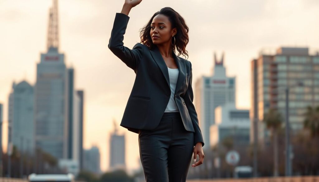 A confident individual with an elegant posture stands tall in the foreground, showcasing a natural silhouette. They are dressed in a well-fitted blazer and tailored trousers, exuding professionalism and style. Their arms are relaxed at their sides, and their head is held high, reflecting self-assurance. The middle ground features a softly blurred urban setting, hinting at a bustling city life with warm golden hour lighting casting a flattering glow, enhancing their stature. In the background, subtle silhouettes of modern buildings rise against a pastel sky, suggesting an atmosphere of ambition and inspiration. The composition focuses on the subject's confident demeanor, capturing the essence of embracing one's natural silhouette with poise and grace.