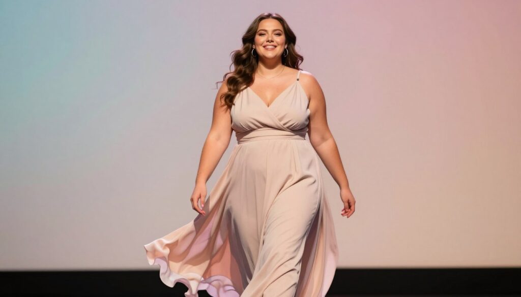 A confident plus size woman stands center stage, showcasing her beauty in a stylish, flowing plus size dress that gracefully accentuates her figure. She is against a soft, minimalist background featuring gentle pastels to create an uplifting atmosphere. Carefully styled hair cascades around her shoulders, and she wears modest, elegant accessories that enhance her look without overpowering it. The lighting is warm and inviting, casting a flattering glow on her skin, highlighting her radiant smile as she embraces her individuality. The angle is slightly low, capturing her stature and poise, while showcasing the dress’s draping details. The overall mood is joyful and empowering, celebrating plus size beauty in a graceful and fashionable context.