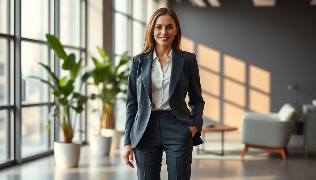 A confident woman stands in the foreground, showcasing a perfectly tailored business casual outfit that combines elegance and comfort. She wears a smart blazer over a fitted blouse, paired with tailored trousers that accentuate her figure. Her shoes are stylish yet practical. The middle ground features a modern office setting with soft, natural light filtering through large windows, illuminating the scene and creating a warm atmosphere. In the background, there are plants and minimalist furniture, enhancing the professional vibe without overwhelming the focus on her attire. The shot is taken from a slightly elevated angle, highlighting her outfit and body language, which exudes professionalism and poise. The overall mood is empowering and inspiring, reflecting the essence of finding the perfect business casual style.