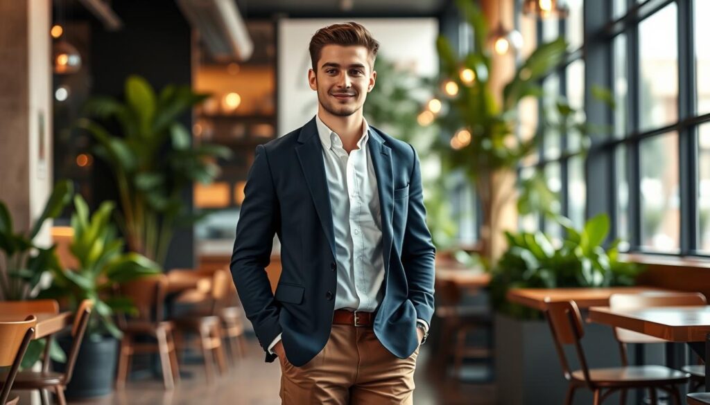 A confident young man stands at the center of a stylish urban cafe, showcasing a refined smart-casual menswear look. He wears a fitted navy blazer over a crisp white button-down shirt, complemented by well-tailored khaki chinos and polished brown leather loafers. The background features soft-focus greenery and contemporary decor, with warm, inviting lighting that enhances the scene's relaxed yet sophisticated atmosphere. The shot is taken from a slightly elevated angle to capture the full outfit, while maintaining a shallow depth of field to keep the focus on the subject. The mood is effortlessly chic, embodying a blend of comfort and professionalism, ideal for a casual day out or a laid-back business meeting.