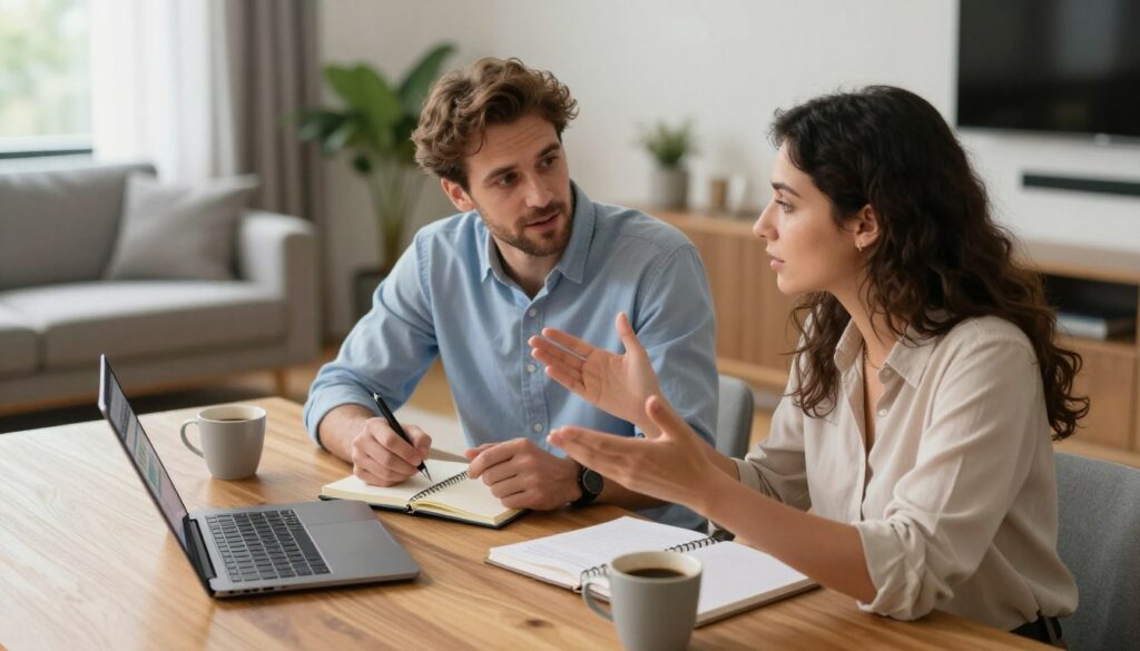 A couple sitting together at a stylish wooden table in a cozy, well-lit modern living room, discussing their financial aspirations. The man, dressed in a neat button-up shirt, looks attentive and engaged, while the woman, in a smart casual blouse, is enthusiastically sharing ideas, gesturing with her hands. On the table, there are notebooks, a laptop with open financial software, and a cup of coffee. The background features soft natural light coming from a large window with potted plants nearby, creating a warm and inviting atmosphere. The mood is one of openness and collaboration, reflecting trust and partnership in discussing finances. The camera angle is slightly above eye level, capturing intimate expressions and body language that convey a sense of connection and shared goals. A couple sitting together at a stylish wooden table in a cozy, well-lit modern living room, discussing their financial aspirations. The man, dressed in a neat button-up shirt, looks attentive and engaged, while the woman, in a smart casual blouse, is enthusiastically sharing ideas, gesturing with her hands. On the table, there are notebooks, a laptop with open financial software, and a cup of coffee. The background features soft natural light coming from a large window with potted plants nearby, creating a warm and inviting atmosphere. The mood is one of openness and collaboration, reflecting trust and partnership in discussing finances. The camera angle is slightly above eye level, capturing intimate expressions and body language that convey a sense of connection and shared goals.