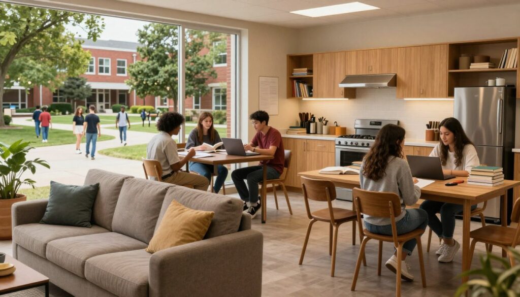 A cozy, affordable housing unit ideal for college students in the foreground, featuring a small living room with a comfortable couch and a shared study area filled with textbooks and laptops. In the middle ground, show an inviting communal kitchen where students gather to discuss study topics, emphasizing collaboration. The background features a vibrant college campus with trees and a bustling atmosphere, hinting at a supportive student community. Soft, warm lighting creates an uplifting mood, capturing the essence of student life. Use a wide-angle lens to enhance the breadth of the scene and emphasize openness. The overall ambience should feel practical yet welcoming, reflecting a balance of affordability and academic aspiration. A cozy, affordable housing unit ideal for college students in the foreground, featuring a small living room with a comfortable couch and a shared study area filled with textbooks and laptops. In the middle ground, show an inviting communal kitchen where students gather to discuss study topics, emphasizing collaboration. The background features a vibrant college campus with trees and a bustling atmosphere, hinting at a supportive student community. Soft, warm lighting creates an uplifting mood, capturing the essence of student life. Use a wide-angle lens to enhance the breadth of the scene and emphasize openness. The overall ambience should feel practical yet welcoming, reflecting a balance of affordability and academic aspiration.