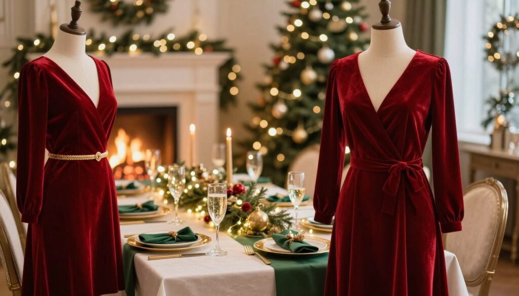 A cozy and elegant Christmas party setting showcasing a beautifully decorated banquet table with vibrant holiday decor. The foreground features a stunning red velvet dress, tastefully styled with subtle gold accessories, displayed on a mannequin. In the middle, a glamorous table is adorned with green and gold tableware, sparkling fairy lights, and seasonal centerpieces, with glasses of sparkling beverages ready for celebration. The background is filled with a softly glowing fireplace and a beautifully adorned Christmas tree, creating a warm and festive atmosphere. The lighting is warm and inviting, reminiscent of a holiday gathering, captured with a soft focus lens to evoke a dreamy ambiance. The overall mood is joyful, celebratory, and sophisticated, perfect for the festive season.