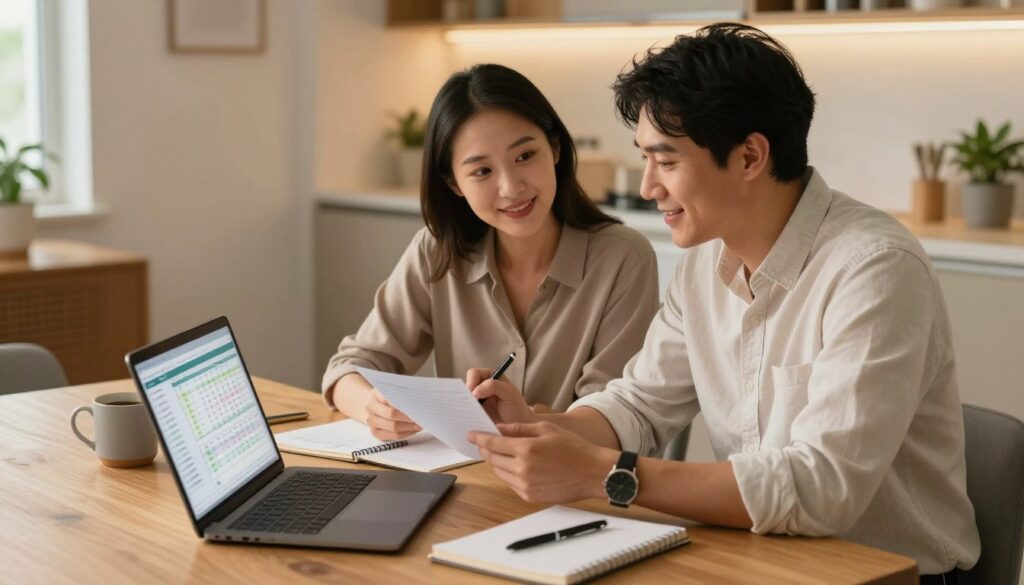 A cozy and intimate scene of a couple sitting at a stylish dining table, reviewing their finances together. The foreground features a laptop open to a budgeting app, with a notepad, pens, and a shared coffee mug beside it. The middle section shows the couple: a woman in a smart casual blouse and a man in a neat button-up shirt, both engaged and smiling as they discuss their budget. In the background, a softly lit modern kitchen can be seen, with houseplants and a warm color palette that creates a welcoming atmosphere. The lighting is warm and natural, emphasizing a sense of partnership and collaboration. The angle is slightly elevated, capturing the couple’s expressions and the task at hand, embodying trust and teamwork in financial planning.