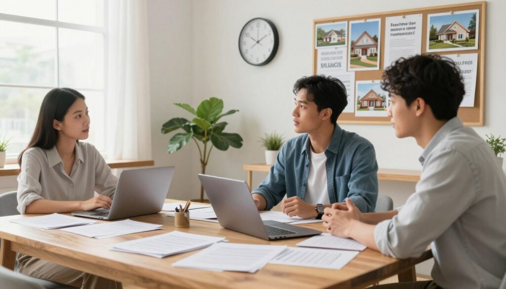 A cozy and inviting home office setting featuring a diverse group of three individuals—two men and one woman—dressed in smart casual attire. The foreground highlights a large wooden desk cluttered with papers, a laptop, and a vision board displaying images of dream homes, savings goals, and inspirational quotes. In the middle, a potted plant adds a touch of nature, while a wall clock shows the time, symbolizing planning and dedication. The background features a well-lit window with soft, natural sunlight streaming in, creating a warm and motivating atmosphere. The overall ambiance conveys focus and determination as the individuals engage in discussion, embodying the journey towards homeownership and down payments, with a sense of hope and ambition.