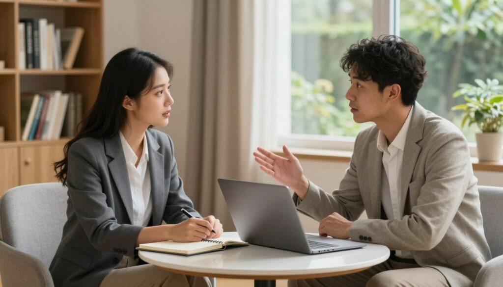 A cozy and inviting living room setting, where a diverse couple sits across from each other at a small, round table, engaged in a heartfelt conversation about finances. The couple, dressed in professional business attire, appears focused and attentive, with a notebook and a laptop open between them, symbolizing their collaborative effort in discussing financial goals. In the background, a bookshelf filled with finance books adds context, while soft, warm lighting enhances the intimate atmosphere. A window reveals a serene garden outside, suggesting peace and growth. The camera angle captures the couple at eye level, emphasizing connection and openness, portraying the importance of financial discussions in relationships. A cozy and inviting living room setting, where a diverse couple sits across from each other at a small, round table, engaged in a heartfelt conversation about finances. The couple, dressed in professional business attire, appears focused and attentive, with a notebook and a laptop open between them, symbolizing their collaborative effort in discussing financial goals. In the background, a bookshelf filled with finance books adds context, while soft, warm lighting enhances the intimate atmosphere. A window reveals a serene garden outside, suggesting peace and growth. The camera angle captures the couple at eye level, emphasizing connection and openness, portraying the importance of financial discussions in relationships.