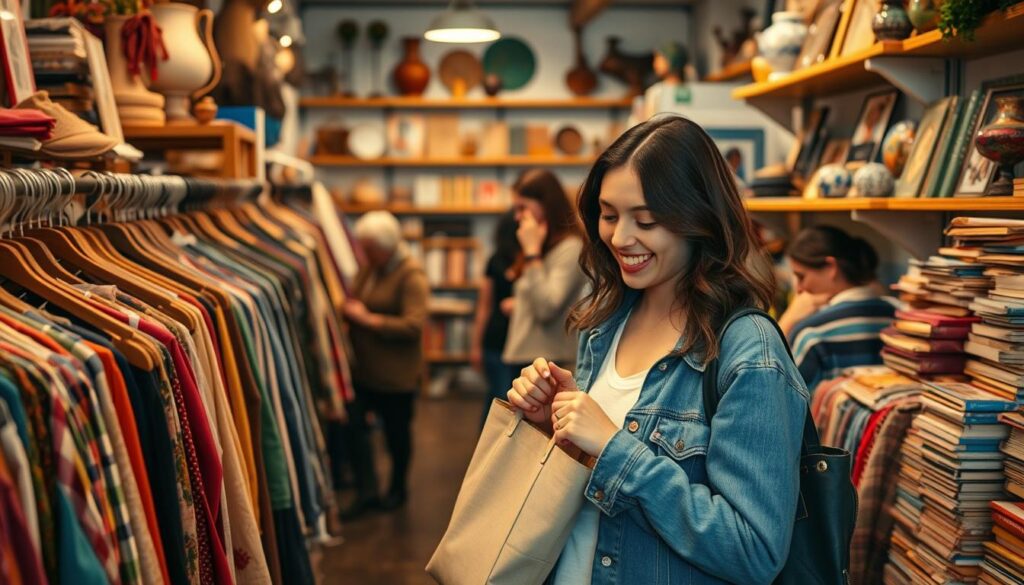 A cozy and inviting thrift store setting, filled with colorful racks of vintage clothing and eclectic accessories. In the foreground, a young woman in modest casual attire excitedly examines a retro jacket, her expression one of joy and curiosity. Beside her, a well-organized tote bag is partially visible, hinting at the treasures she aims to find. In the middle ground, a diverse group of other shoppers browse through various items, showcasing an upbeat and lively atmosphere. The background features shelves lined with distinctive thrifted home decor items and books. Soft, warm lighting illuminates the scene, enhancing the welcoming vibe. Capture the image from a slight angle to create depth, emphasizing the thrill of the thrifting experience.