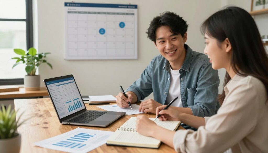 A cozy and modern workspace featuring two professional individuals, a man and a woman, collaborating on financial planning. In the foreground, they are seated at a stylish wooden desk covered with various financial tools: a laptop displaying a budgeting app, printed graphs, and notebooks filled with notes. The middle ground showcases a large calendar on the wall, with important dates circled, and a potted plant adding a touch of greenery. In the background, soft natural light streams in through a window, creating a warm and inviting atmosphere. The individuals are dressed in business casual attire, smiling and engaged in conversation, conveying a sense of teamwork and mutual respect. The overall mood is focused yet relaxed, emphasizing partnership and financial empowerment.