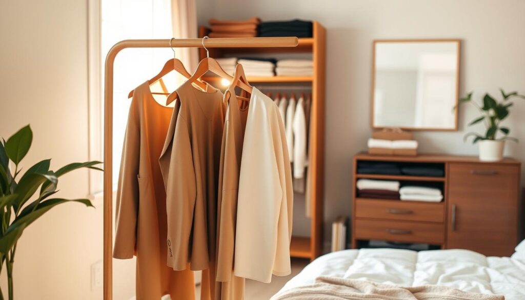 A cozy and organized bedroom scene showcasing a capsule wardrobe in a minimalist aesthetic. In the foreground, a neatly arranged wooden dress rack displays a curated selection of stylish, professional clothing pieces in neutral tones, softly illuminated by warm, natural light from a nearby window. In the middle ground, a beautifully organized dresser holds neatly folded garments and accessories, emphasizing simplicity and functionality. The background features calming wall colors and a potted plant that adds a touch of life, creating a serene atmosphere. The overall mood is calm and inspiring, encouraging the viewer to envision a well-maintained capsule wardrobe. The image captures a sense of order and intentionality, reflecting the process of maintaining and evolving one’s wardrobe in a stylish yet practical manner.
