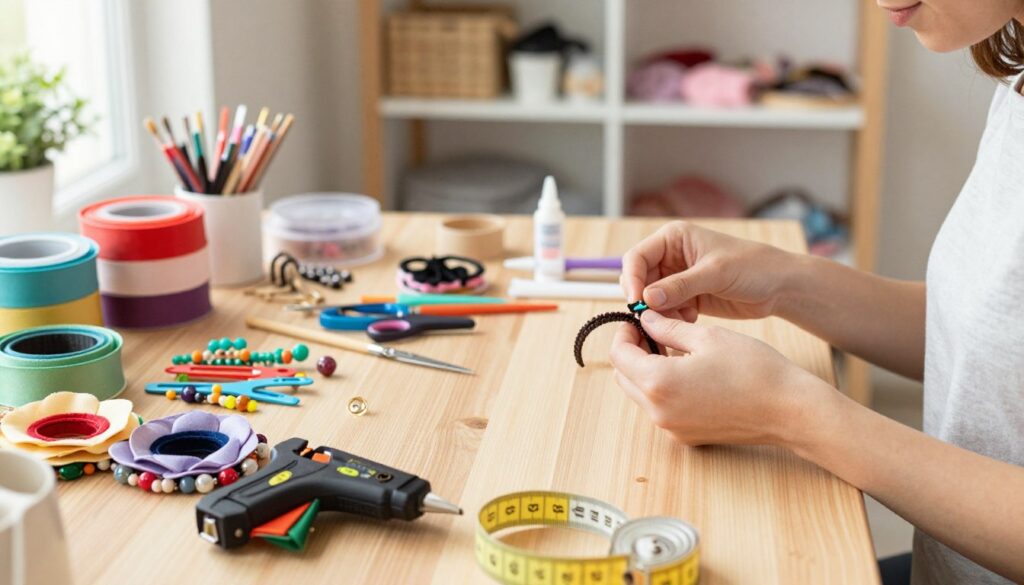 A cozy and well-lit workspace filled with an array of DIY hair accessories tools, such as colorful ribbons, beads, hair clips, scissors, and glue. In the foreground, a wooden table displays neatly organized supplies, including a hot glue gun, fabric flowers, and measuring tape. The middle layer features a pair of hands skillfully creating a hair accessory, emphasizing techniques like weaving and gluing, showcasing attention to detail. The background softens into shelves lined with more materials and finished accessories, creating a warm and inviting atmosphere. The lighting is bright and natural, suggesting a sunny day, with a shallow depth of field that softly blurs the background. The overall mood is creative, inspiring, and accessible for all ages. A cozy and well-lit workspace filled with an array of DIY hair accessories tools, such as colorful ribbons, beads, hair clips, scissors, and glue. In the foreground, a wooden table displays neatly organized supplies, including a hot glue gun, fabric flowers, and measuring tape. The middle layer features a pair of hands skillfully creating a hair accessory, emphasizing techniques like weaving and gluing, showcasing attention to detail. The background softens into shelves lined with more materials and finished accessories, creating a warm and inviting atmosphere. The lighting is bright and natural, suggesting a sunny day, with a shallow depth of field that softly blurs the background. The overall mood is creative, inspiring, and accessible for all ages.