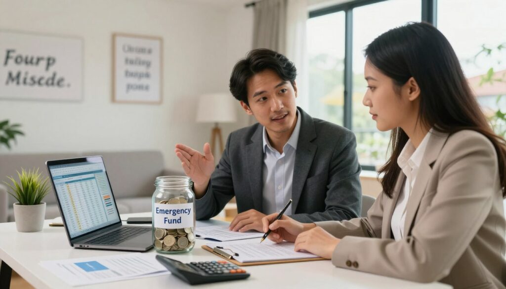 A cozy home office scene featuring a diverse couple, dressed in professional business attire, engaged in a discussion about their emergency fund savings strategy. In the foreground, a desk cluttered with financial documents, a laptop displaying a budget spreadsheet, and a calculator, creating a sense of focus and organization. In the middle ground, a large glass jar labeled "Emergency Fund" filled with cash and coins, symbolizing their savings goal. The background presents a soft-lit room with inspirational financial quotes on the walls and a large window showing a bright, hopeful day outside, creating a warm and optimistic atmosphere. The overall mood is one of determination and collaboration as they work together towards stability and financial security. A cozy home office scene featuring a diverse couple, dressed in professional business attire, engaged in a discussion about their emergency fund savings strategy. In the foreground, a desk cluttered with financial documents, a laptop displaying a budget spreadsheet, and a calculator, creating a sense of focus and organization. In the middle ground, a large glass jar labeled "Emergency Fund" filled with cash and coins, symbolizing their savings goal. The background presents a soft-lit room with inspirational financial quotes on the walls and a large window showing a bright, hopeful day outside, creating a warm and optimistic atmosphere. The overall mood is one of determination and collaboration as they work together towards stability and financial security.