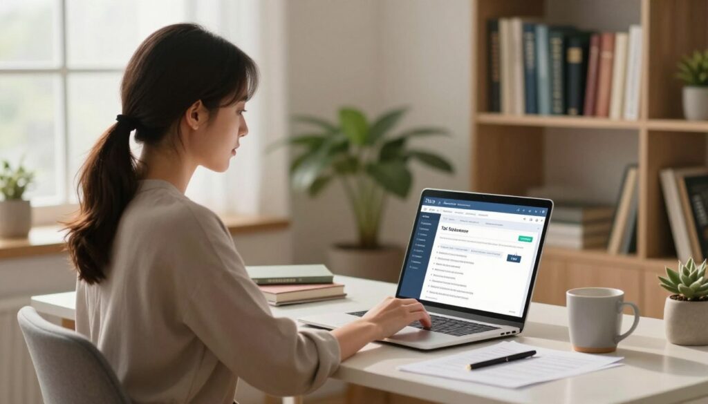 A cozy home office scene, illuminated by soft, warm lighting filtering through a window. In the foreground, a young woman in smart casual attire is seated at a modern desk, intently exploring tax software on her laptop. She has papers and a coffee mug nearby, suggesting focus and productivity. In the middle ground, a plant and a tax-related book can be seen on the desk, adding a touch of greenery and context. In the background, a bookshelf full of finance and tax reference books showcases professionalism. The atmosphere is inviting and inspirational, conveying the ease of using tax software for beginners, with a clean, organized aesthetic highlighted by a shallow depth of field that draws attention to the subject.