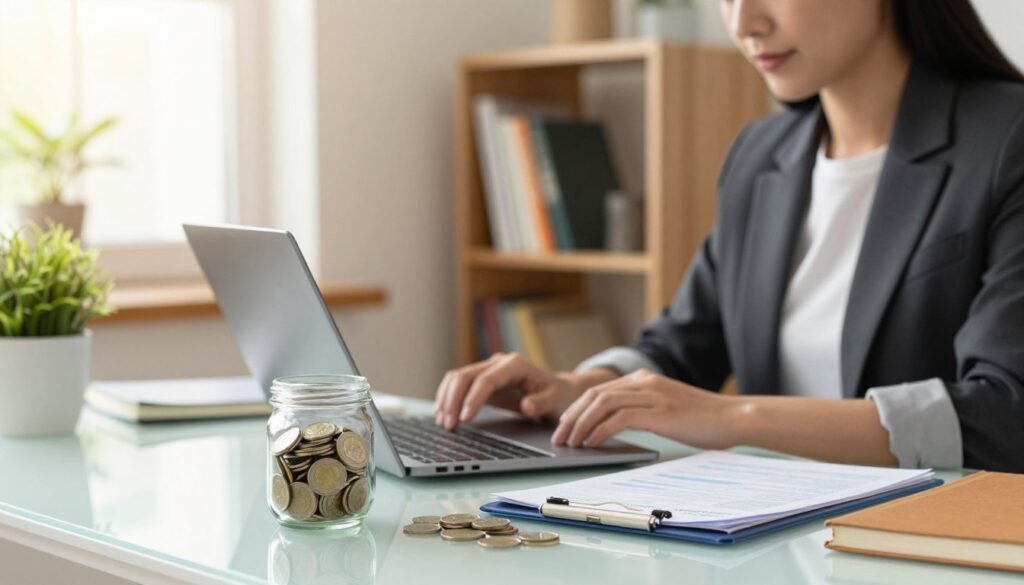 A cozy home office scene showcasing a clear table with a small glass jar filled with coins and cash, symbolizing an emergency fund. In the foreground, a professional-looking woman dressed in smart casual attire is calculating her finances on a laptop, with a focused expression. The middle ground features a bookshelf with financial planning books, and a potted plant for a touch of warmth. The background is softly blurred, revealing a window with sunlight streaming in, creating a bright and inviting atmosphere. The overall mood is one of security and preparedness, emphasizing the importance of financial stability. Natural lighting enhances the inviting ambiance, with a slight depth of field focusing on the woman and the jar.