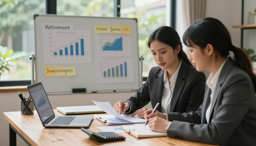A cozy home office setting captures a couple deep in conversation about their long-term financial planning. In the foreground, a couple in professional business attire sits side by side at a wooden desk cluttered with financial documents, a laptop displaying graphs, and a calculator. They appear engaged, with one partner pointing to a document while the other takes notes, symbolizing teamwork and shared goals. In the middle, a whiteboard behind them displays charts and sticky notes labeled "Retirement," "Home Savings," and "Investments," creating a sense of organization and purpose. The background features a softly lit window showing a serene view of a garden, enhancing a hopeful and optimistic atmosphere. The warm lighting adds comfort and a hint of professionalism to the scene, creating a sense of future planning and security.