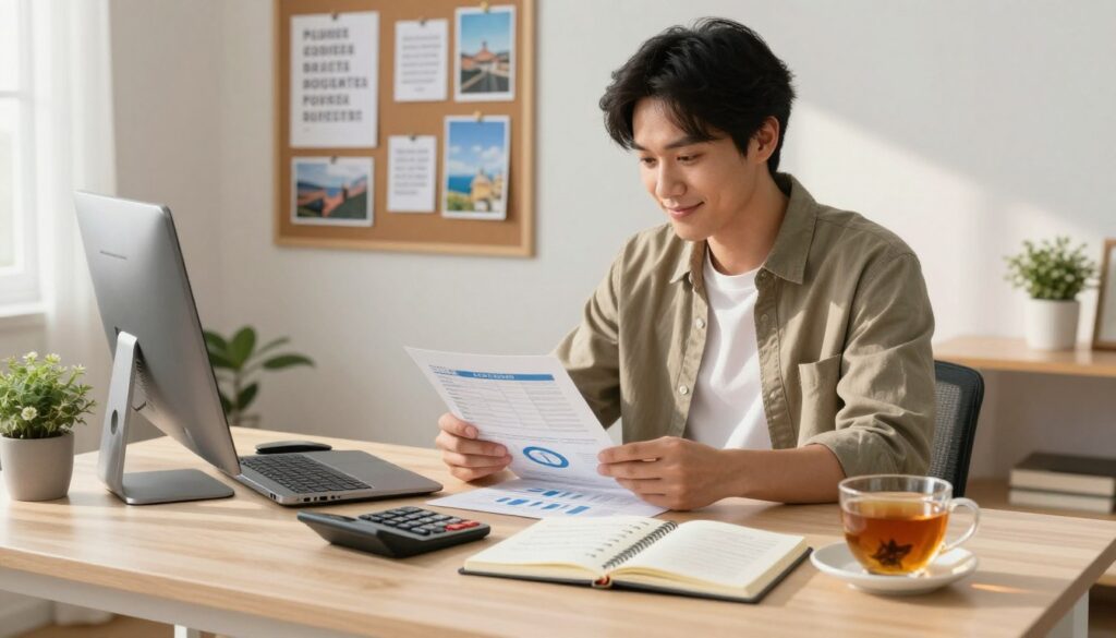 A cozy home office setting represents smart spending strategies. In the foreground, a well-organized desk displays a journal with notes on budgeting, a calculator, and a cup of herbal tea, symbolizing careful financial planning. In the middle, a focused individual in smart casual attire, with a pleasant expression, reviews charts and financial documents, emphasizing thoughtful decision-making. The background features a bulletin board pinned with motivational quotes and images of travel destinations, highlighting the pursuit of fulfilling experiences. Soft, natural lighting filters in through a window, casting warm shadows and creating an inviting atmosphere. The overall mood conveys positivity, balance, and financial wisdom, illustrating the harmony of frugal yet rewarding living without sacrifice.