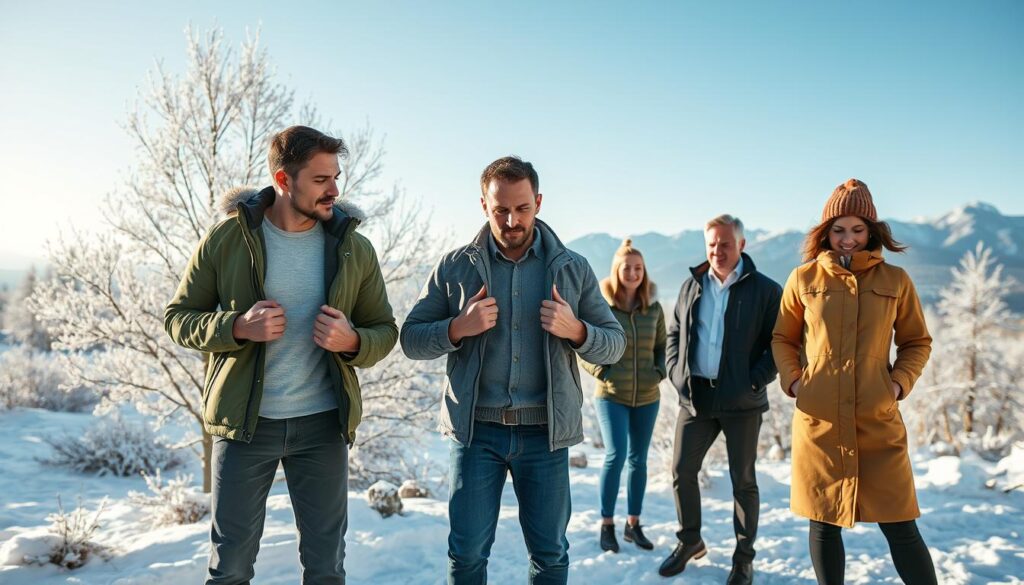 A cozy, inviting scene showcasing the cold weather layering process. In the foreground, a diverse group of individuals dressed in professional casual clothing is demonstrating the layering technique, with a focus on different clothing items being put on. Layer one is a breathable base layer, layer two is a warm fleece, and layer three features an insulated outer jacket. In the middle ground, a snowy landscape with frosty trees sets the mood, while a soft, diffused winter sunlight filters through the branches, creating gentle shadows. The background features a distant mountain range under a clear blue sky, evoking a serene yet chilly atmosphere. The composition captures the essence of warmth amid cold, emphasizing practicality and comfort in clothing choices. A cozy, inviting scene showcasing the cold weather layering process. In the foreground, a diverse group of individuals dressed in professional casual clothing is demonstrating the layering technique, with a focus on different clothing items being put on. Layer one is a breathable base layer, layer two is a warm fleece, and layer three features an insulated outer jacket. In the middle ground, a snowy landscape with frosty trees sets the mood, while a soft, diffused winter sunlight filters through the branches, creating gentle shadows. The background features a distant mountain range under a clear blue sky, evoking a serene yet chilly atmosphere. The composition captures the essence of warmth amid cold, emphasizing practicality and comfort in clothing choices.