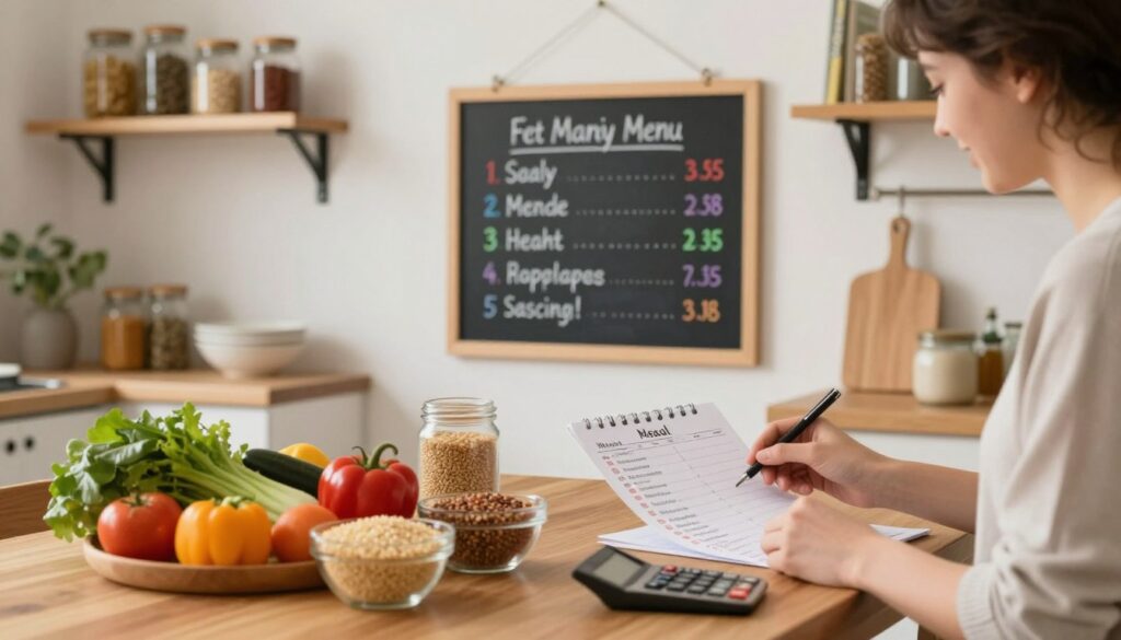 A cozy kitchen scene focused on meal planning techniques for families on a budget. In the foreground, a wooden table displays colorful ingredients like fresh vegetables, grains, and a weekly meal planner filled with budget-friendly recipes. A pair of hands, casually dressed, organizes grocery lists and ingredients next to a calculator. In the middle, a family-friendly chalkboard menu hangs on the wall, showcasing simple meals and associated costs, with colorful markers for emphasis. In the background, soft, warm lighting creates a welcoming atmosphere, highlighting shelves filled with jars of spices and cookbooks. The scene captures a sense of teamwork and resourcefulness, ideal for inspiring families to embrace frugal meal planning.