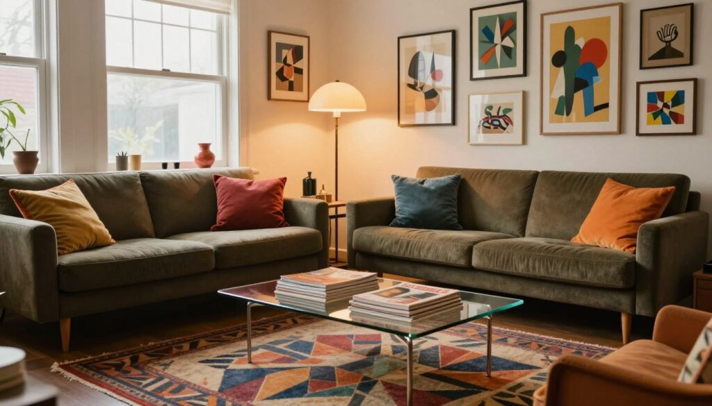 A cozy living room featuring vintage modern home decor, showcasing a mix of retro furniture and contemporary elements. In the foreground, a chic mid-century modern sofa adorned with colorful throw pillows, paired with a sleek glass coffee table displaying a stack of vintage magazines. The middle space highlights an eclectic gallery wall of framed art pieces, including abstract and pop art styles, alongside a vintage floor lamp casting warm light. In the background, large windows let in soft, natural light, illuminating a statement rug with geometric patterns. The atmosphere is inviting and stylish, with a color palette of earthy tones and vibrant accents, designed to blend retro finds seamlessly into a modern setting. Use a wide-angle lens for a spacious feel, enhancing the overall warmth and charm of the scene.