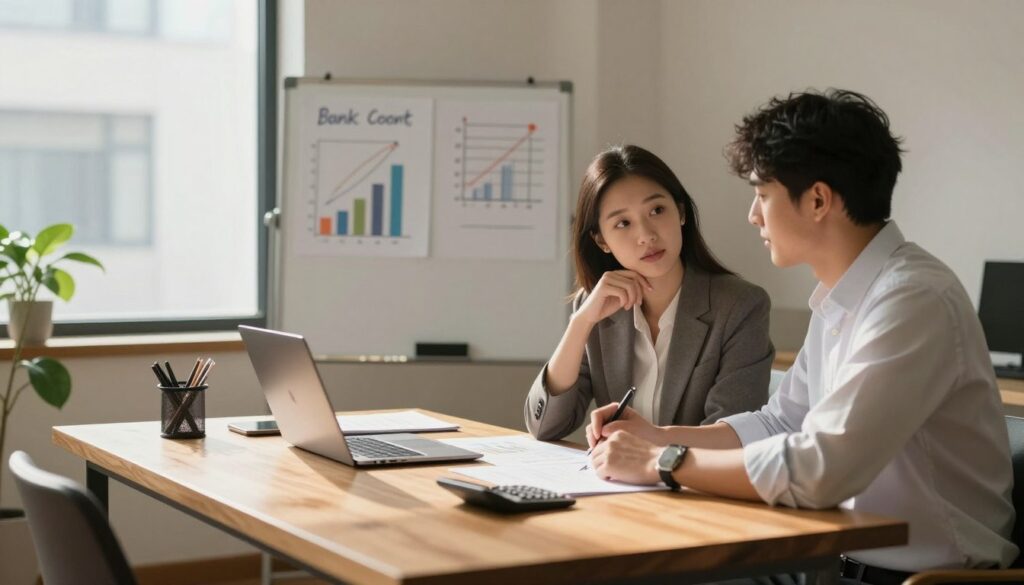 A cozy, modern office space in soft, warm lighting creates an inviting atmosphere. In the foreground, a couple sits at a sleek wooden desk, engaged in thoughtful discussion about their finances. They are dressed in professional business attire, with the woman in a tailored blazer and the man in a smart shirt. On the desk, there are documents, a laptop, and a calculator, symbolizing their joint financial planning. In the middle background, a whiteboard displays simple charts and graphs illustrating the pros and cons of joint vs. separate bank accounts. A large window allows natural light to filter through, casting gentle shadows across the room, enhancing the mood of collaboration and careful consideration. A plant in the corner adds a touch of freshness and life to the setting.