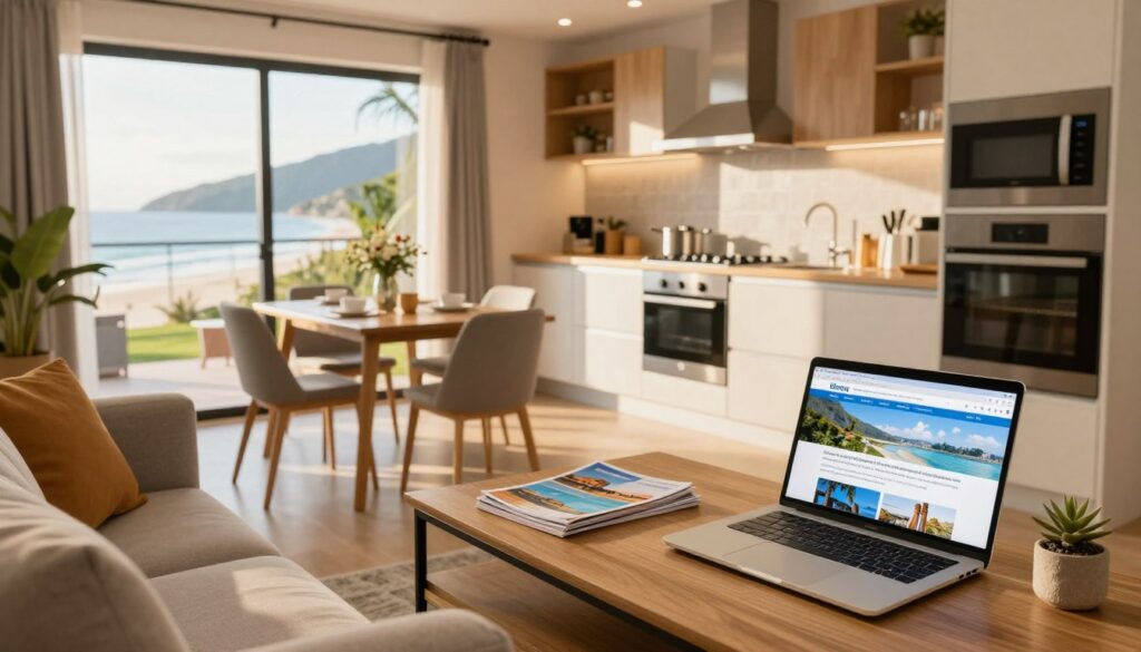 A cozy, modern vacation rental interior showcasing smart accommodation savings. In the foreground, a stylish living area features a comfortable sofa, a coffee table with travel brochures, and a laptop open to vacation planning sites. In the middle, a well-equipped kitchenette with energy-efficient appliances and a dining space set for two exudes practicality. In the background, a large window reveals a scenic view of a tranquil beach or mountain landscape, hinting at a weekend getaway. The lighting is warm and inviting, simulating afternoon sunshine, while the camera angle is slightly elevated, providing a comprehensive overview of the space. The overall mood is cheerful and encouraging, emphasizing the comforts of budget-friendly travel solutions.