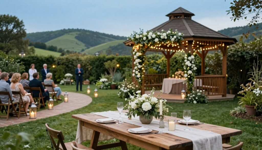 A cozy outdoor wedding venue set in a lush garden, featuring a beautifully decorated wooden gazebo adorned with white flowers and twinkling fairy lights. In the foreground, a rustic wooden table draped with a simple, elegant tablecloth holds elegant yet affordable centerpieces made from seasonal flowers. In the middle ground, a charming path lined with lanterns leads to the gazebo, while guests in modest casual clothing admire the setting. The background showcases rolling green hills and a clear blue sky, creating a serene atmosphere. Soft, natural lighting bathes the scene, enhancing the warmth and inviting atmosphere. The perspective is slightly elevated to capture both the details of the table and the enchanting venue layout, evoking a sense of romance and budget-friendly charm.