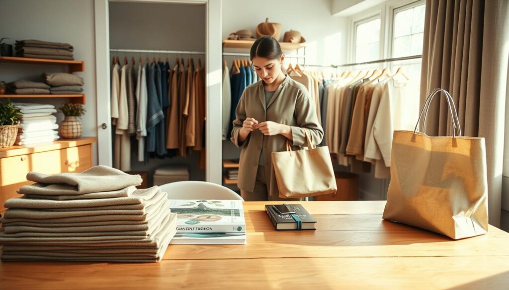 A cozy, softly lit indoor setting depicting a conscious shopping maintenance routine. In the foreground, a neatly arranged wooden table showcases natural fabric swatches, sustainable fashion books, and a stylish reusable shopping bag. In the middle ground, a person in modest, professional casual attire examines a garment, showing a thoughtful expression as they check the care label. The background features a well-organized wardrobe filled with sustainably made clothing, emphasizing earthy tones and natural textures. Soft sunlight filters through a nearby window, casting gentle shadows and creating a warm, inviting atmosphere that conveys mindfulness and responsibility in shopping habits. The overall mood is serene and focused, inviting viewers to embrace sustainable choices.