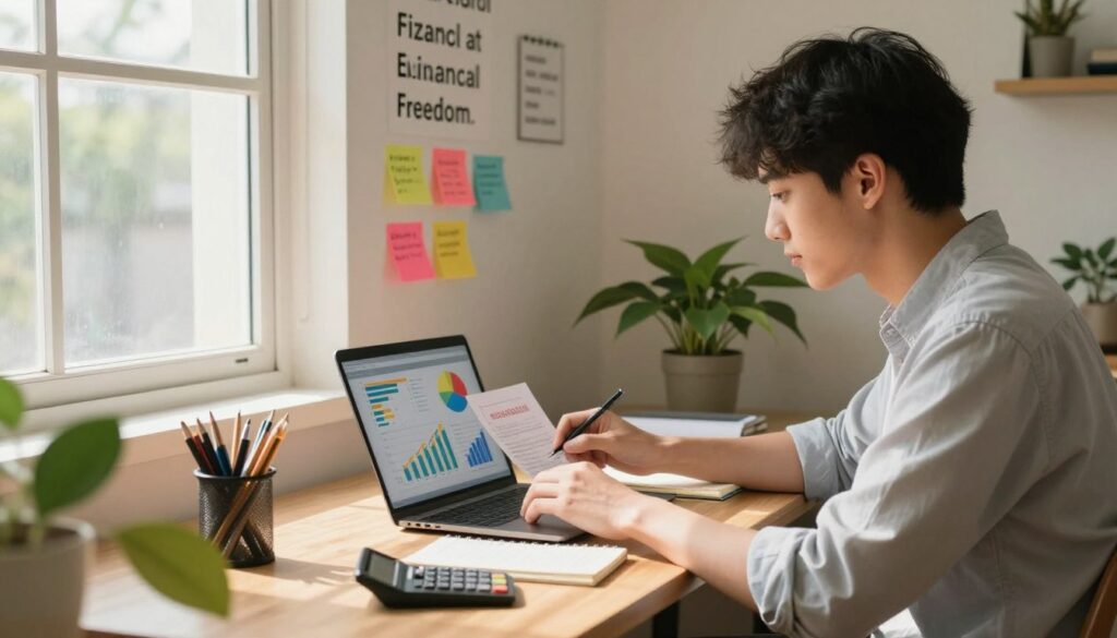 A cozy study space designed for a college student managing their budget and expenses. In the foreground, a young adult in casual but neat clothing is seated at a desk, analyzing colorful graphs on a laptop, surrounded by notebooks and a calculator. The middle layer features a wall painted with motivational quotes about financial freedom and colorful sticky notes with budgeting reminders. In the background, a large window lets in warm, natural light, casting soft shadows across the room. The atmosphere is focused yet relaxed, capturing the essence of productivity and smart financial planning. The scene should appear inviting, with plants adding a touch of green to enhance the calming mood. A cozy study space designed for a college student managing their budget and expenses. In the foreground, a young adult in casual but neat clothing is seated at a desk, analyzing colorful graphs on a laptop, surrounded by notebooks and a calculator. The middle layer features a wall painted with motivational quotes about financial freedom and colorful sticky notes with budgeting reminders. In the background, a large window lets in warm, natural light, casting soft shadows across the room. The atmosphere is focused yet relaxed, capturing the essence of productivity and smart financial planning. The scene should appear inviting, with plants adding a touch of green to enhance the calming mood.