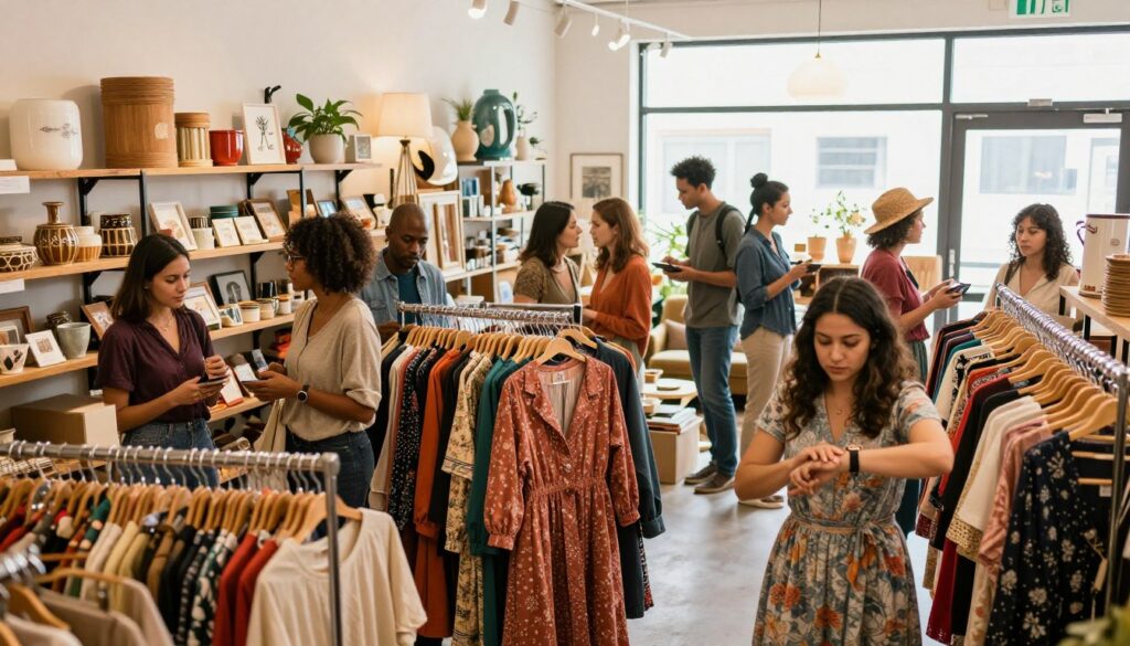 A cozy thrift store interior bustling with activity, showcasing a group of diverse, modestly-dressed shoppers strategically browsing through racks of colorful clothing and eclectic home goods. In the foreground, a woman checks her watch while examining a vintage dress, symbolizing thoughtful timing. The middle ground features tall shelves filled with unique items and shoppers engaging in friendly negotiations. Soft, warm lighting floods the scene from overhead fixtures, enhancing the inviting atmosphere. In the background, a large window displays a bright sunny day outside, indicating an ideal shopping time. Use a slightly tilted perspective to create depth, conveying a sense of lively exploration. The overall mood is cheerful and focused, emphasizing the thrill of treasure hunting in thrift shopping. A cozy thrift store interior bustling with activity, showcasing a group of diverse, modestly-dressed shoppers strategically browsing through racks of colorful clothing and eclectic home goods. In the foreground, a woman checks her watch while examining a vintage dress, symbolizing thoughtful timing. The middle ground features tall shelves filled with unique items and shoppers engaging in friendly negotiations. Soft, warm lighting floods the scene from overhead fixtures, enhancing the inviting atmosphere. In the background, a large window displays a bright sunny day outside, indicating an ideal shopping time. Use a slightly tilted perspective to create depth, conveying a sense of lively exploration. The overall mood is cheerful and focused, emphasizing the thrill of treasure hunting in thrift shopping.