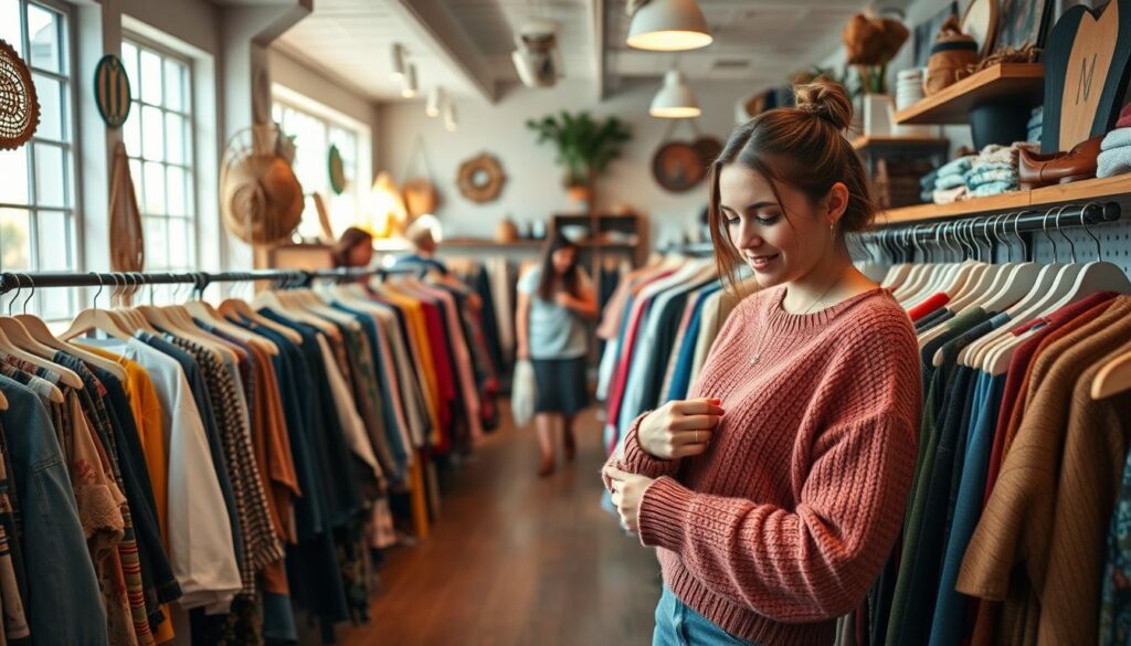 A cozy thrift store interior, filled with a diverse collection of unique vintage clothing and eco-friendly accessories. In the foreground, a young woman in modest casual clothing carefully examines a colorful sweater, showcasing her enthusiasm for sustainable fashion. The middle ground features well-organized racks overflowing with second-hand items, while a few shoppers browse contentedly. Soft, warm lighting filters in through large windows, casting a welcoming glow on the wooden floor. The background displays earthy decorations, like potted plants and recycled materials, evoking a sense of community and sustainability. The overall atmosphere is inviting and relaxed, highlighting the joy of thrifting as an eco-conscious lifestyle choice.