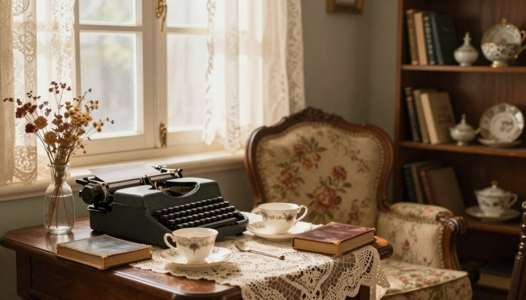 A cozy, vintage-inspired scene that captures the essence of vintage aesthetic. In the foreground, an antique wooden table adorned with delicate porcelain tea sets and a faded lace tablecloth. A vintage typewriter rests beside an old leather-bound book, with dried flowers in a glass vase offering a nostalgic touch. In the middle ground, a plush armchair upholstered in floral fabric, and a bookshelf filled with classic novels and vintage trinkets. The background features sunlit, lace-draped windows casting soft shadows, with muted pastel walls that evoke a sense of warmth and nostalgia. The lighting is soft and diffused, mimicking a golden hour glow, creating an inviting and serene atmosphere that embodies the timeless charm of vintage aesthetics. A cozy, vintage-inspired scene that captures the essence of vintage aesthetic. In the foreground, an antique wooden table adorned with delicate porcelain tea sets and a faded lace tablecloth. A vintage typewriter rests beside an old leather-bound book, with dried flowers in a glass vase offering a nostalgic touch. In the middle ground, a plush armchair upholstered in floral fabric, and a bookshelf filled with classic novels and vintage trinkets. The background features sunlit, lace-draped windows casting soft shadows, with muted pastel walls that evoke a sense of warmth and nostalgia. The lighting is soft and diffused, mimicking a golden hour glow, creating an inviting and serene atmosphere that embodies the timeless charm of vintage aesthetics.
