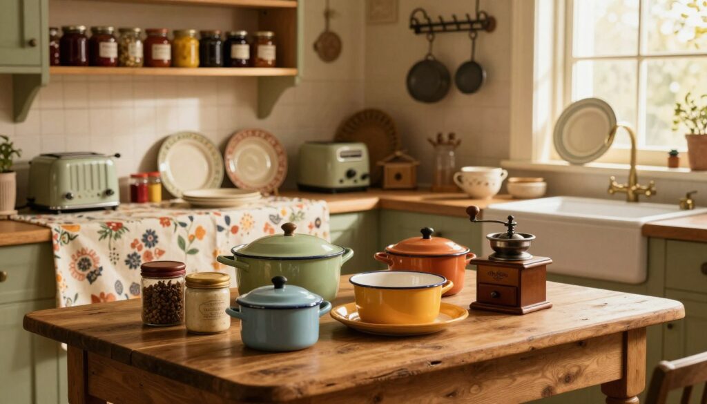 A cozy vintage kitchen scene filled with iconic kitchen treasures. In the foreground, a rustic wooden table displays a collection of colorful enamel cookware, aged spice jars, and a vintage coffee grinder. In the middle ground, a retro patterned tablecloth complements an old-fashioned toaster and a set of mismatched ceramic plates. The background features classic open shelves filled with jars of preserves, a hanging wrought iron pot rack, and a window letting in warm, golden sunlight. The atmosphere is nostalgic and inviting, evoking memories of home-cooked meals and family gatherings. Use soft, diffused lighting to enhance the warmth of the scene, captured from a slightly elevated angle to include the inviting details.