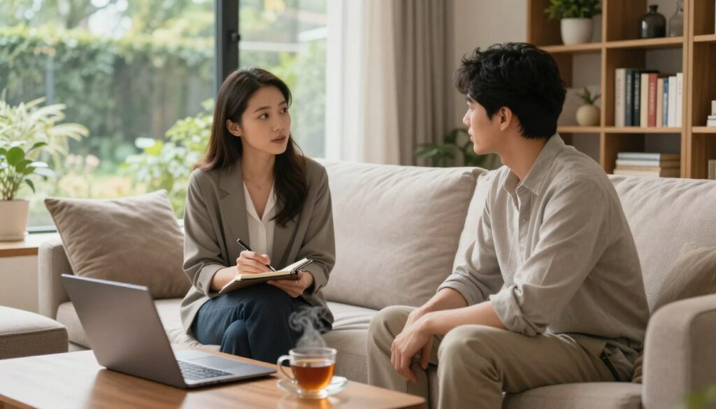 A cozy, warmly lit living room setting with two individuals engaged in a thoughtful conversation about finances. In the foreground, a professional woman in smart casual attire, with a notepad and pen in hand, looks intently at her partner, who is seated across from her in a stylish outfit. They are surrounded by soft, inviting decor, including a plush sofa, scattered cushions, and a coffee table with a laptop and a steaming cup of tea. The middle ground has a window displaying a tranquil garden view, allowing soft, natural light to filter in, creating a serene atmosphere. The background features bookshelves filled with financial books and decorative items, emphasizing a nurturing environment for open dialogue. The overall mood is calm and supportive, indicating a safe space for discussing money matters. A cozy, warmly lit living room setting with two individuals engaged in a thoughtful conversation about finances. In the foreground, a professional woman in smart casual attire, with a notepad and pen in hand, looks intently at her partner, who is seated across from her in a stylish outfit. They are surrounded by soft, inviting decor, including a plush sofa, scattered cushions, and a coffee table with a laptop and a steaming cup of tea. The middle ground has a window displaying a tranquil garden view, allowing soft, natural light to filter in, creating a serene atmosphere. The background features bookshelves filled with financial books and decorative items, emphasizing a nurturing environment for open dialogue. The overall mood is calm and supportive, indicating a safe space for discussing money matters.