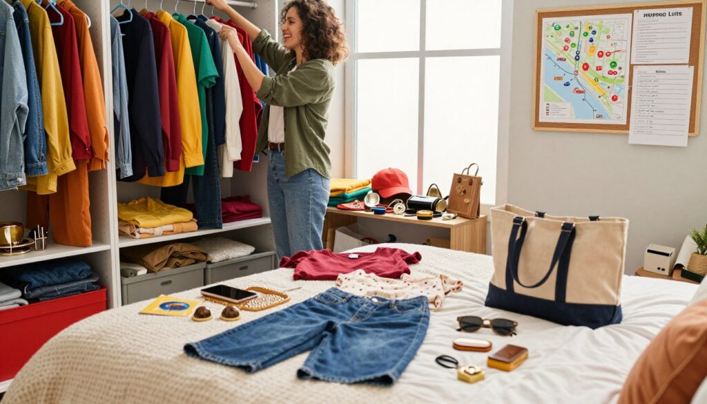 A cozy, well-lit bedroom scene where a person is preparing for a thrifting adventure, featuring a cheerful individual in casual, modest clothing, standing by a colorful, well-organized closet. In the foreground, a neatly laid-out outfit with accessories and a stylish tote bag ready for shopping. The middle ground includes piles of thrift store finds, like unique clothing pieces and vintage accessories, all basking in warm, natural light streaming through a window. In the background, a bulletin board filled with printouts of thrift store maps and shopping lists. The atmosphere is vibrant and inviting, conveying excitement and anticipation for the upcoming thrifting adventure. A cozy, well-lit bedroom scene where a person is preparing for a thrifting adventure, featuring a cheerful individual in casual, modest clothing, standing by a colorful, well-organized closet. In the foreground, a neatly laid-out outfit with accessories and a stylish tote bag ready for shopping. The middle ground includes piles of thrift store finds, like unique clothing pieces and vintage accessories, all basking in warm, natural light streaming through a window. In the background, a bulletin board filled with printouts of thrift store maps and shopping lists. The atmosphere is vibrant and inviting, conveying excitement and anticipation for the upcoming thrifting adventure.
