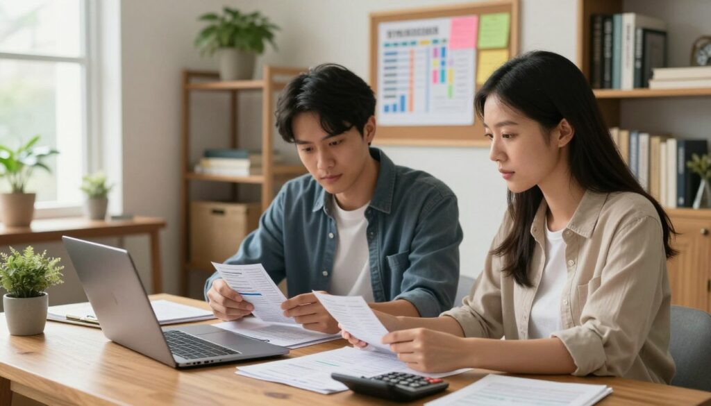A cozy, well-lit home office scene featuring a couple organizing their finances. In the foreground, a focused man and woman are seated at a wooden table, surrounded by paperwork, a laptop, and a calculator. Both are dressed in smart-casual attire, exuding professionalism yet comfort. The man is sorting through receipts while the woman is typing on the laptop, engaging with the materials. In the middle ground, a corkboard displays colorful budget charts and reminders. The background showcases a bookshelf filled with financial books and plants, adding to a warm, inviting atmosphere. Soft, natural light filters in from a nearby window, creating a relaxed and productive mood. The camera angle is slightly elevated, capturing the couple’s faces in concentration as they collaborate thoughtfully.