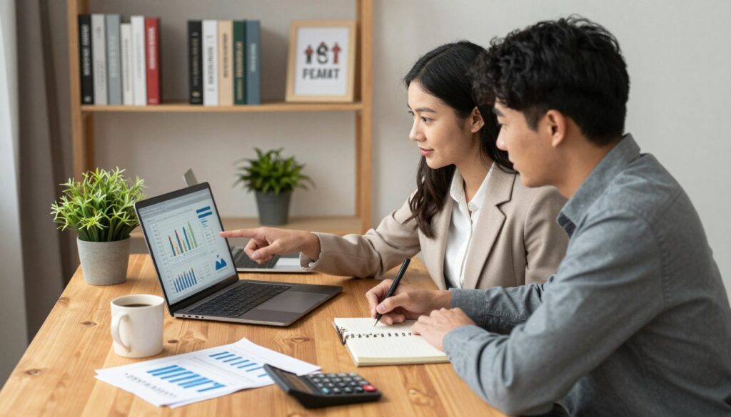 A cozy, well-lit home office setting with a young couple sitting at a modern wooden desk, engaged in thoughtful financial discussions. The woman, dressed in professional business attire, is pointing at a laptop screen displaying charts and financial data. The man, in smart-casual clothing, is jotting down notes on a notepad. In the foreground, scattered documents, a coffee mug, and a calculator add depth to the scene. In the middle, a potted plant and a framed inspirational quote about teamwork symbolize unity in financial decision-making. In the background, a bookshelf with neatly arranged finance books creates a scholarly atmosphere. Soft, warm lighting enhances the inviting mood, emphasizing focus and collaboration in their financial journey.