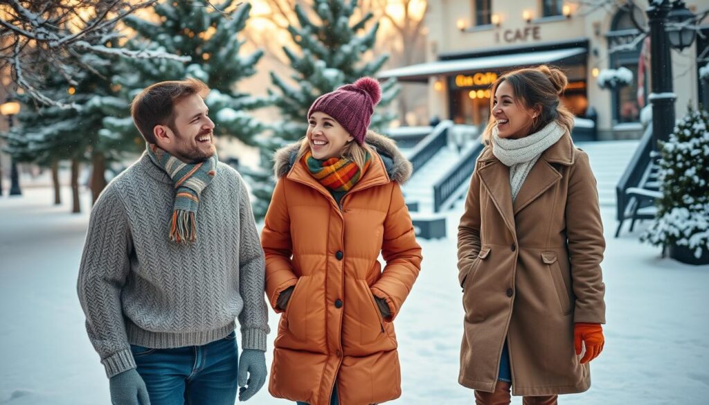 A cozy winter scene featuring a diverse group of three friends enjoying a snowy day in stylish winter outfits. In the foreground, one person wears a chunky knitted sweater and a bright-colored scarf, while another sports a trendy puffer jacket with stylish beanie and gloves. The third friend is dressed in a fashionable long coat with warm boots. They are laughing and having fun, creating a lively atmosphere. The middle ground shows a snow-covered park with evergreen trees dusted with snowflakes. Soft, diffused sunlight filters through the branches, casting gentle shadows. In the background, a charming café with warm lights glows invitingly, enhancing the wintery yet cheerful vibe. The overall mood is warm, cozy, and joyful, evoking a sense of togetherness and fashion.