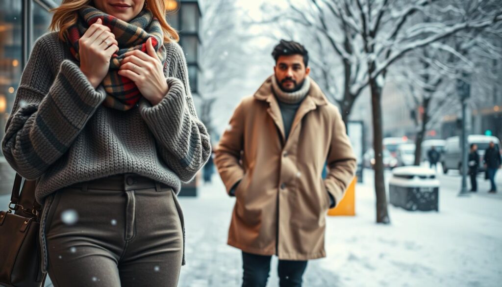 A cozy winter scene featuring a diverse group of three individuals, all dressed in stylish, layered cold-weather outfits, demonstrating practical winter styling tips. The foreground shows a woman wearing a chic, oversized knit sweater with a plaid scarf and high-waisted wool pants, accentuated by knee-high boots, as she adjusts her scarf. In the middle ground, a man showcases a smart-casual look with a tailored parka paired with a chunky sweater, while another individual, in a stylish puffer jacket, demonstrates layering techniques. The background features softly falling snowflakes and a wintry urban setting with frosted trees. The lighting is warm and inviting, suggesting a cozy atmosphere, as if the viewer is witnessing a candid moment in a bustling winter day. The angle captures the warmth of camaraderie and fashion practicality.