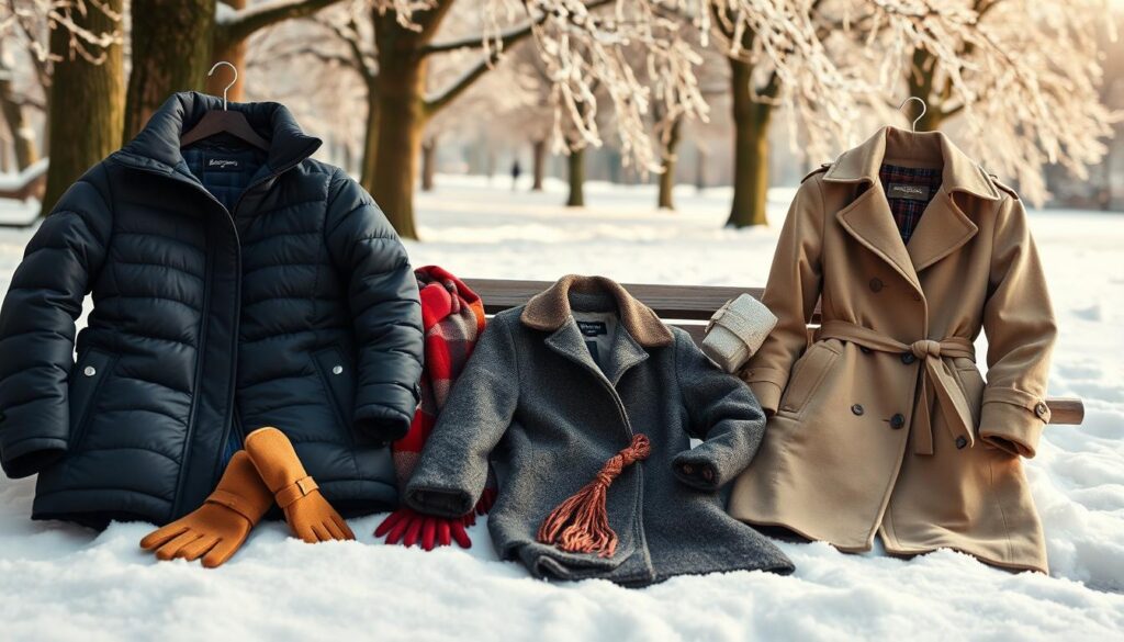 A cozy winter scene featuring essential outerwear items laid out artistically. In the foreground, display a stylish puffer coat in deep navy, a textured wool overcoat in charcoal gray, and a chic long trench coat in beige, each with detailed stitching and buttons. Add a vibrant knitted scarf and warm gloves beside them. In the middle background, show a snowy park setting with soft, diffused daylight filtering through frosty trees, highlighting the outerwear. Include a wooden bench dusted with snow and a backdrop of glistening ice-covered branches. Capture a serene and inviting atmosphere, emphasizing warmth amidst cold weather, using a shallow depth of field to keep the focus on the outerwear essentials.