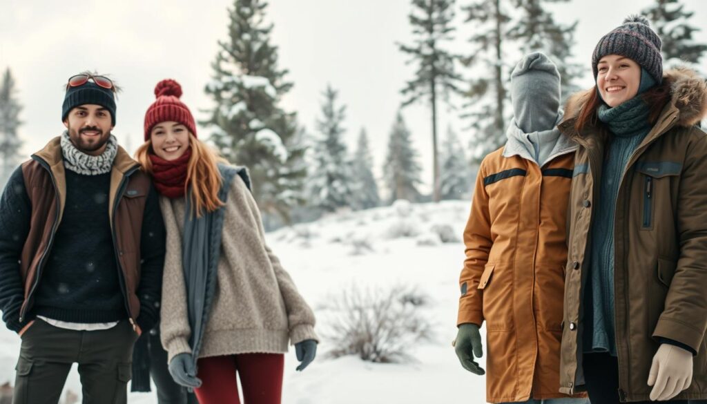 A cozy winter scene illustrating the benefits of layering clothing for cold weather. In the foreground, a diverse group of three individuals (a man, a woman, and a non-binary person) dressed in stylish yet practical layered outfits that include thermal base layers, insulating mid-layers, and weatherproof outer layers. The middle ground features a snowy landscape with gently falling snowflakes, emphasizing a chilly atmosphere. In the background, tall pine trees are dusted with snow and a soft, overcast sky casts a diffused, cool light on the scene. The overall mood is warm and inviting, showcasing the comfort and effectiveness of well-thought-out cold weather layering. The angle is slightly elevated, providing a clear view of the layered outfits and the wintry setting. A cozy winter scene illustrating the benefits of layering clothing for cold weather. In the foreground, a diverse group of three individuals (a man, a woman, and a non-binary person) dressed in stylish yet practical layered outfits that include thermal base layers, insulating mid-layers, and weatherproof outer layers. The middle ground features a snowy landscape with gently falling snowflakes, emphasizing a chilly atmosphere. In the background, tall pine trees are dusted with snow and a soft, overcast sky casts a diffused, cool light on the scene. The overall mood is warm and inviting, showcasing the comfort and effectiveness of well-thought-out cold weather layering. The angle is slightly elevated, providing a clear view of the layered outfits and the wintry setting.