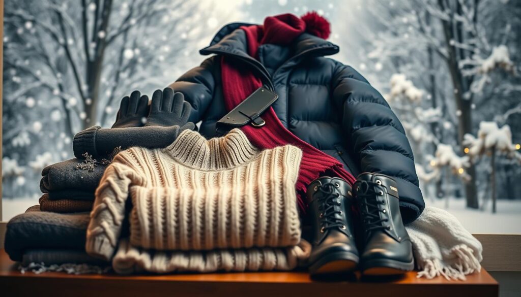 A cozy winter wardrobe essentials display featuring a chic array of clothing items. In the foreground, neatly arranged are a chunky knitted sweater in a warm cream color, a stylish woolen scarf in deep burgundy, and a pair of insulated black boots. The middle layer showcases a classic long puffer jacket in navy blue, alongside a pair of high-quality gloves and a fashionable beanie with a pom-pom. In the background, a softly lit winter scene with falling snowflakes and frosted trees adds a serene atmosphere. The lighting is warm and inviting, creating a cozy vibe. The angle is slightly elevated, capturing the textures of the fabrics and the overall winter theme, highlighting each essential item without any human subjects.