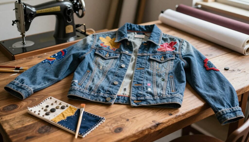 A creative denim jacket design inspiration scene featuring a beautifully crafted denim jacket displayed on a rustic wooden table, surrounded by various customization elements. In the foreground, showcase tools like paint brushes, fabric patches, and decorative studs, all elegantly arranged. In the middle, the denim jacket should exhibit unique designs such as intricate embroidery, colorful fabric patches, and artistic paint splatters, reflecting a blend of styles. The background should feature a softly lit workshop setting with a vintage sewing machine and rolls of fabric, providing an inviting atmosphere. Use warm, natural lighting to create depth and enhance the textures of the denim. The mood is artistic and inspiring, inviting viewers to get creative with their own denim customization projects.