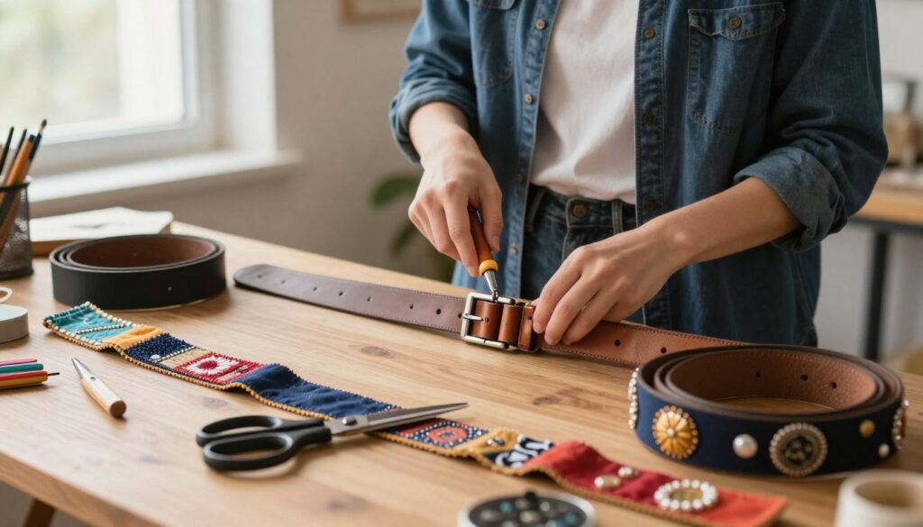 A creative workspace showcasing various DIY belt hacks. In the foreground, a wooden tabletop cluttered with colorful fabric belts, scissors, and sewing tools. One belt is being adjusted with a buckle modification, while another is adorned with decorative patches and embellishments. The middle ground features a stylish person dressed in casual yet polished clothing, carefully demonstrating a technique to add an extra hole to a leather belt using a punch tool. In the background, soft, natural lighting filters through a window, illuminating the scene and creating a warm, inviting atmosphere. The overall mood conveys resourcefulness and creativity, highlighting the exciting potential of personalizing belts.
