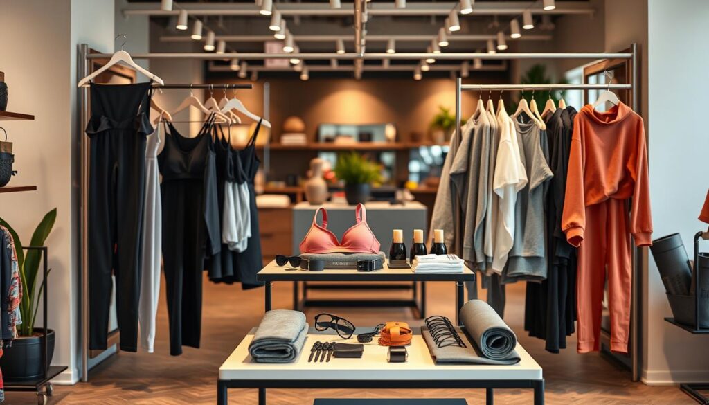A curated collection of stylish athleisure outfits for women displayed in a chic boutique setting. In the foreground, showcase a variety of fitted leggings, stylish sports bras, and relaxed-fit hoodies, neatly arranged on elegant minimalist hangers. In the middle, feature a sleek display table with accessories such as headbands, fitness watches, and yoga mats, artfully arranged to complement the clothing. The background should include soft, ambient lighting that highlights the textures and colors of the fabrics, with a blurred view of a modern boutique interior, including natural elements like potted plants. The mood is vibrant and uplifting, emphasizing the combination of fashion and fitness in a welcoming atmosphere, perfect for inspiring potential buyers.