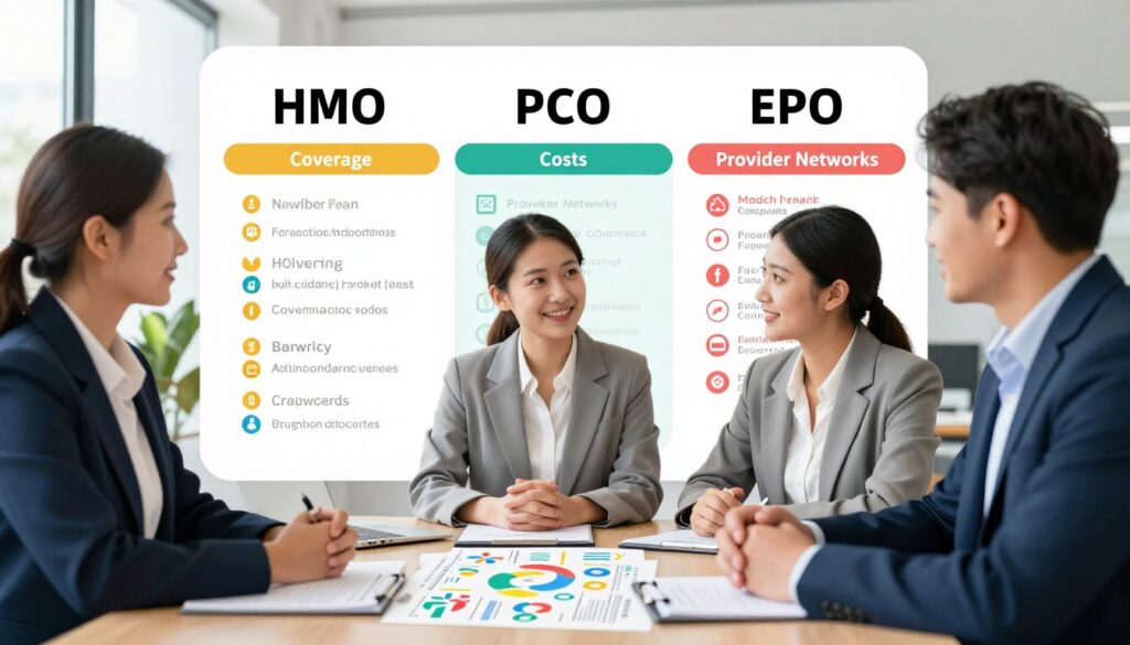 A detailed comparison of HMO, PPO, and EPO health insurance plans in a visual tableau. In the foreground, a confident, diverse group of three professionals—two women and one man, all dressed in smart business attire—gather around a large table covered with colorful charts and diagrams illustrating key features of each plan. In the middle ground, these charts prominently display aspects such as coverage, costs, and provider networks, using icons and icons to enhance clarity. The background subtly hints at a modern office environment with soft, natural lighting filtering through large windows, creating an inviting atmosphere for learning and discussion. The overall mood is informative and engaging, encouraging a sense of teamwork and collaboration among the group as they navigate the complexities of health insurance options.