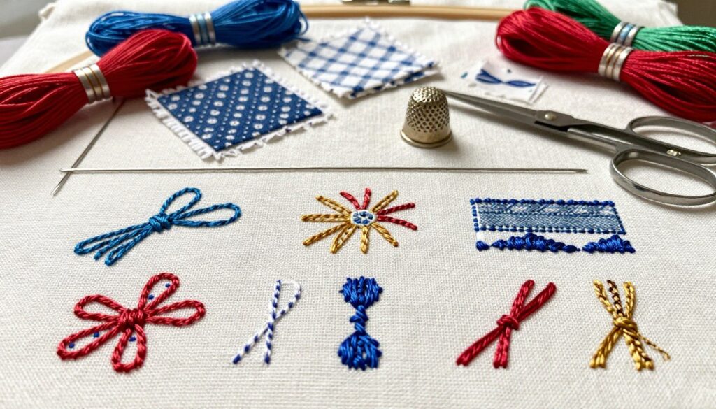 A detailed flat lay of basic embroidery stitches, displayed on a textured fabric background, featuring colorful threads, needles, and small fabric swatches in various patterns. The foreground showcases a variety of stitches such as backstitch, satin stitch, and French knots, clearly illustrated with contrasting thread colors. The middle layer includes a few embroidery tools like scissors and a thimble, arranged artistically. The background features natural daylight illuminating the scene, creating soft shadows that enhance the texture of the fabric. The overall mood is inviting and creative, inspiring a sense of craftsmanship and DIY spirit in embroidery on jeans. No text or watermarks present.