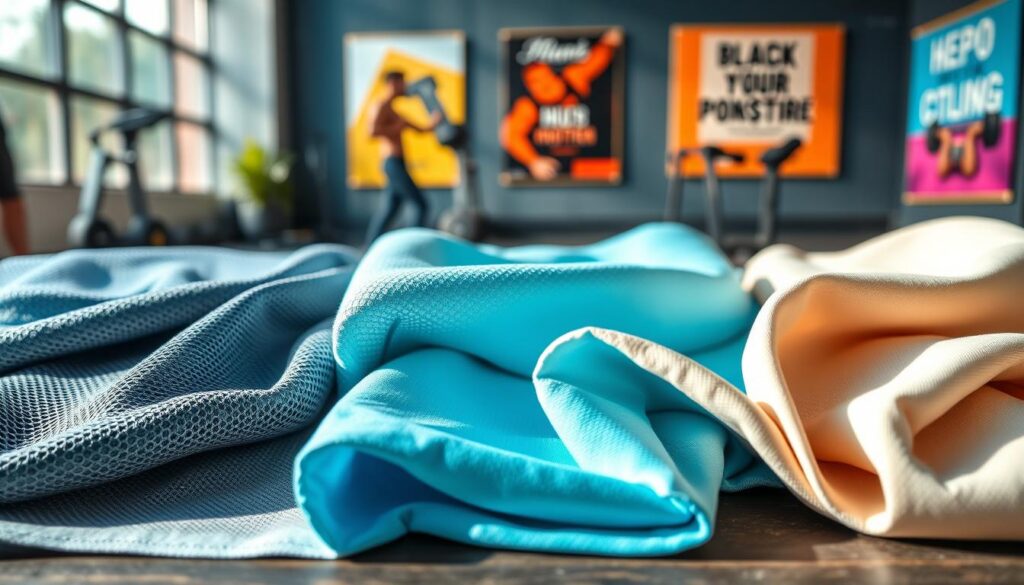 A detailed flat lay showcasing various gym wear materials ideal for high-performance athletic clothing. In the foreground, vibrant materials like moisture-wicking fabric in a vivid blue, breathable mesh in grey, and soft bamboo blends in natural tones. The middle section features a variety of textures: smooth polyester, stretchy spandex, and lightweight nylon, all organized neatly. In the background, a subtle, blurred gym setting with workout equipment and motivational posters to create an inspiring atmosphere. The lighting is bright and natural, coming from the left side, casting soft shadows for depth. The mood is energizing and inviting, perfect for illustrating the importance of choosing the right materials for gym outfits.